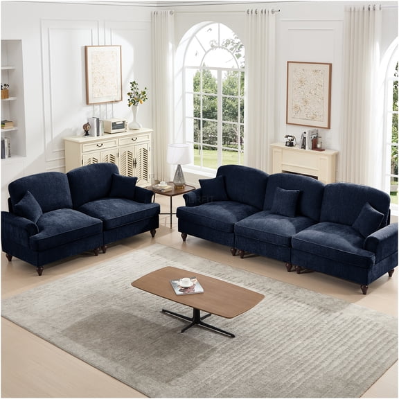 JERFIT Modular Sofa Set with Removable Ruffles, Chenille Fabric 3-Piece Sectional Couch and Loveseat for Living Room in Blue