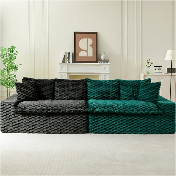 JERFIT Modular Velvet Sofa Set, 4-Seat Sectional Couch with Pillows for Living Room, Black and Green Polyester Fabric, Configurable Reversible Chaise Lounge