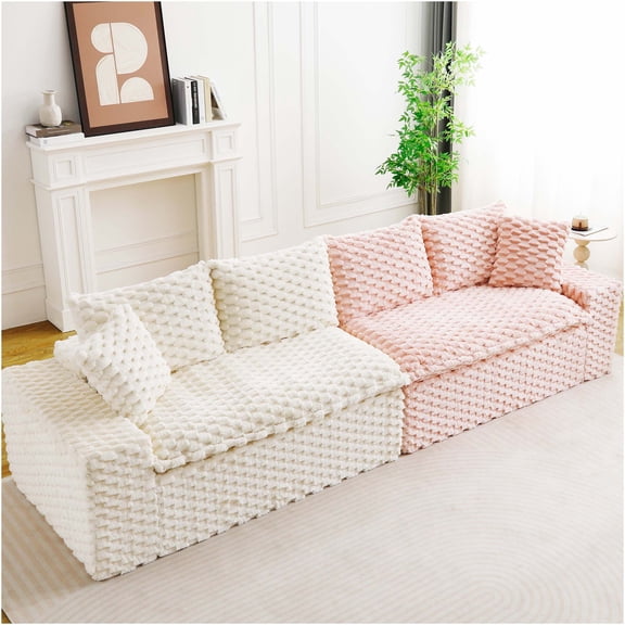 JERFIT Modular Velvet Sofa Set with Pillows, Pink and White Color-Block Sectional Couch for Living Room, Flexible Arrangement, Comfortable Seating for 4