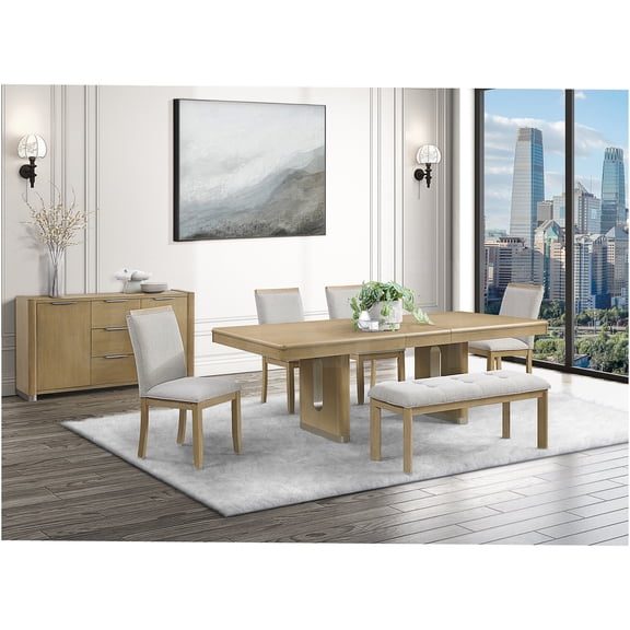JERFIT Morgan 6-Piece Dining Set with Table, 4 Chairs, and Bench, Transitional Style, Solid Wood & MDF, Natural Finish