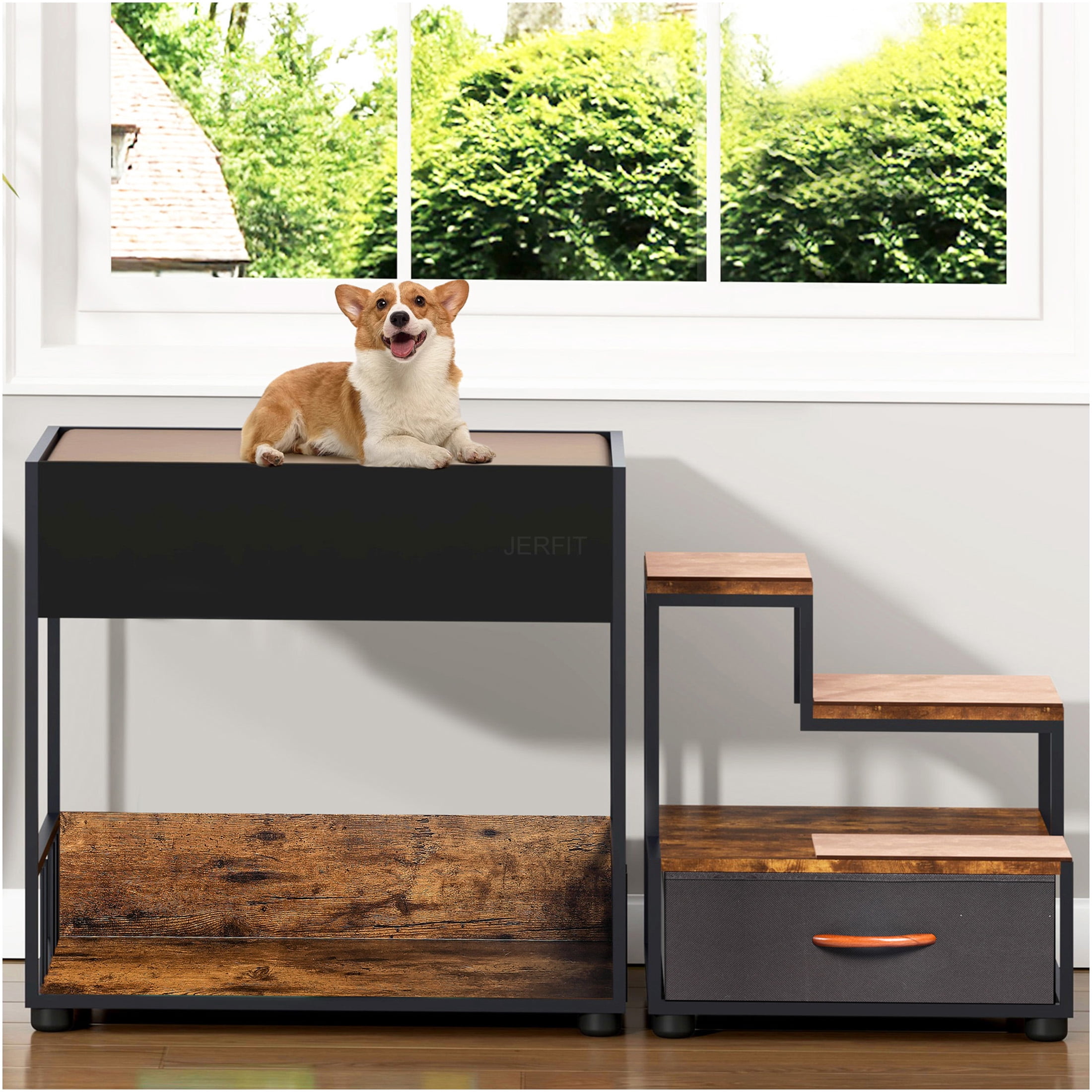 JERFIT Multi-Level Cat & Dog Window Perch with Storage Drawer, Non-Slip Stairs, Washable Cushion for Small Medium Pets, Vintage Black Furniture-Style Pet Bunk Bed