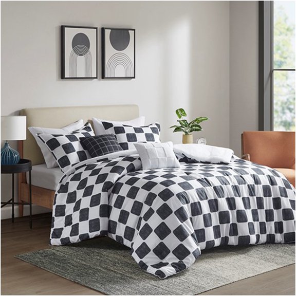 JERFIT Multicolor Checkered Full Queen Polyester Bedding Comforter Set for Bedroom Refresh