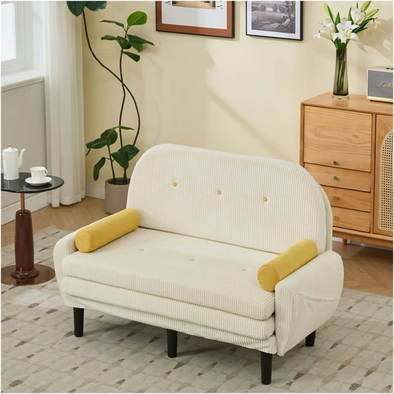 JERFIT Multifunctional Convertible Sofa Bed with Storage and USB Charger, Velvet Upholstered Adjustable Recliner Lounge Chair for Living Room, Ivory