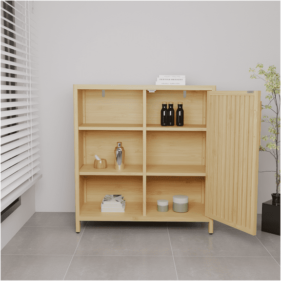 JERFIT Narrow Bamboo Storage Cabinet with Door, Tall Freestanding Organizer Shelf for Bathroom, Kitchen, Living Room, Bedroom, Natural