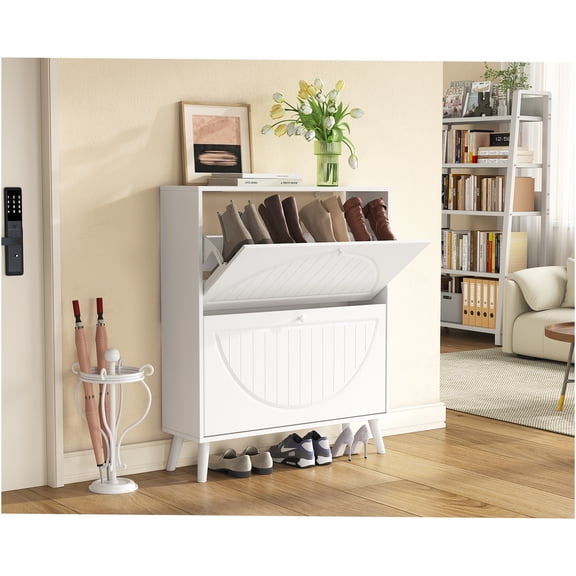 JERFIT Narrow Storage Cabinet with Tipping Buckets, Ancient White Space-Saving Organizer with Solid Wood Legs & Anti-Tip Kit for Living Room, Bedroom, Entryway