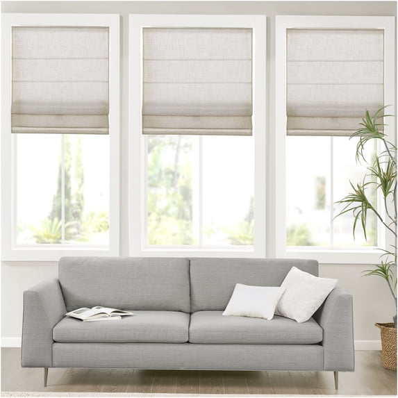JERFIT Natural 64" Linen Look Cordless Roman Shade, Light Filtering Polyester Window Treatment for 29" Wide Window, Inside/Outside Mount