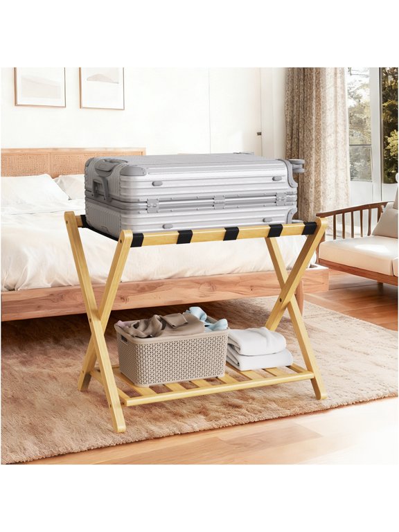 Natural Bamboo Folding Luggage Rack Set of 2, 29283 Inch Foldable Luggage Holder with Lower Storage Shelf for Bedroom and Hotel Use