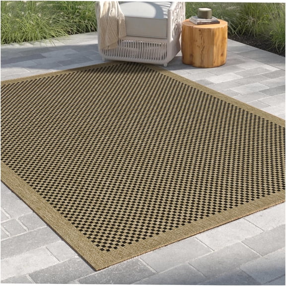 JERFIT Natural Black Indoor Outdoor Rug 8x10 Flatweave, Reversible Low Profile Floor Mat for High Traffic Areas, Patio, Deck, Poolside, Entryway, Machine Washable