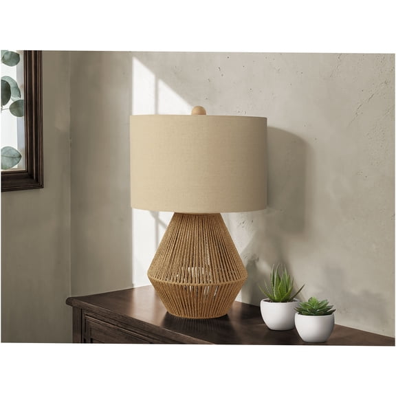 JERFIT Natural Rope Table Lamp with Beige Drum Shade, 3-Way Switch, Boho Style Accent Lighting for Bedroom, Living Room, Home Office