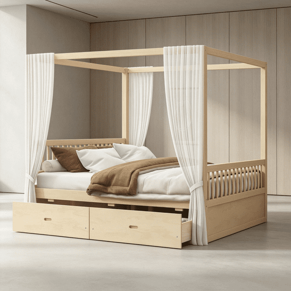 JERFIT Natural Wood King Canopy Bed with Storage Drawers, Classic Four Poster Bed Frame with Underbed Storage, Easy Assembly