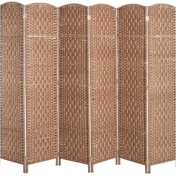 JERFIT Natural Wood Room Divider Screen with Wicker Weave Design, 6-Panel Folding Privacy Partition for Home, Dorm, Studio