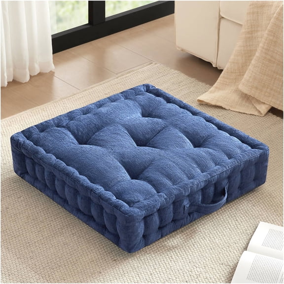JERFIT Navy Blue Chenille Floor Pillow Cushion for Lounging, 24x24 Inch Square Decorative Accent Pillow for Bedroom, Living Room, Dorm