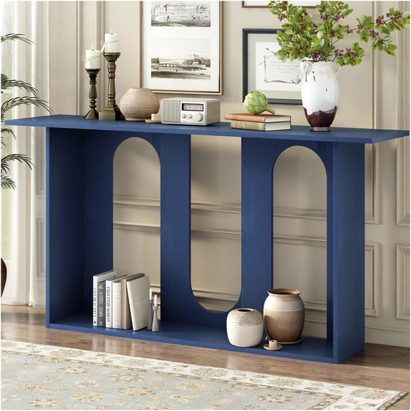 JERFIT Navy Blue Console Table with Shelf, Modern Curved Sofa Table for Entryway, Hallway & Living Room, Sturdy MDF & Ash Veneer Design