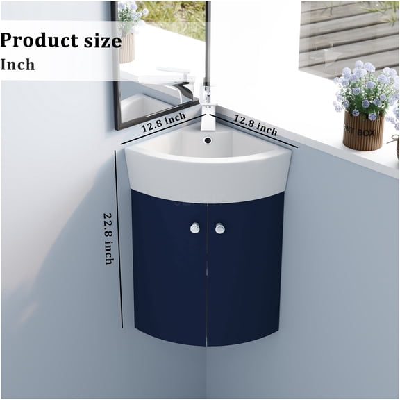 JERFIT Navy Blue Corner Bathroom Vanity Set with Ceramic Sink, Wall Mounted Cabinet for Small Space, Modern Storage Solution