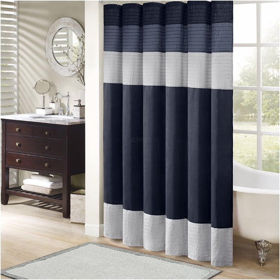 JERFIT Navy Blue Faux Silk Shower Curtain 72x72 Inches, Water Repellent Bathroom Decor with Pintuck Texture, Elegant Dupioni Look, Machine Washable Polyester