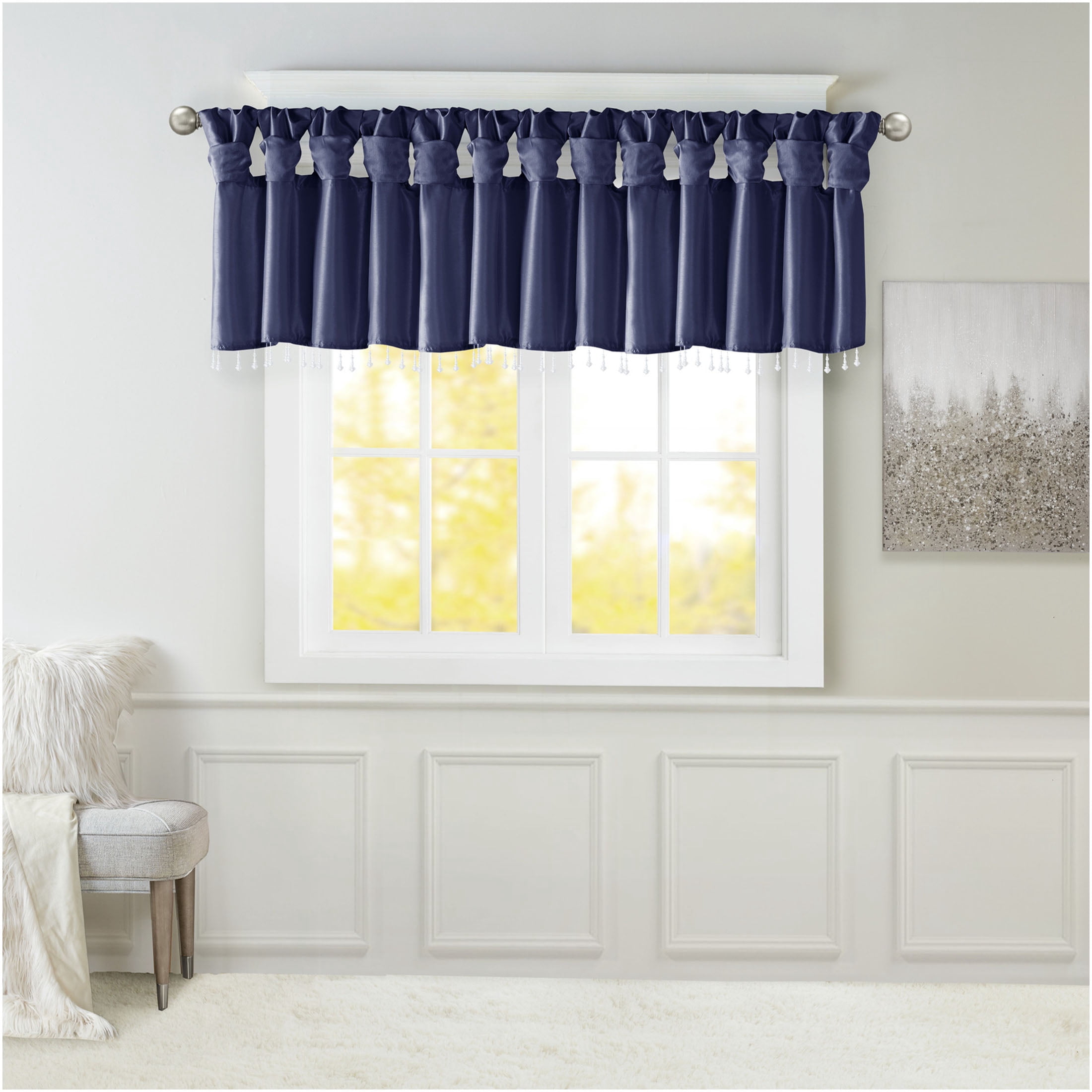 JERFIT Navy Blue Faux Silk Window Valance with Beaded Trim, 50x26 Inch DIY Twist Tab Top Curtain for Elegant Home Decor