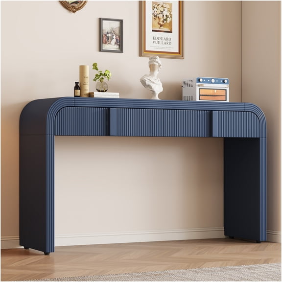 JERFIT Navy Blue Fluted Console Table with Drawers, Modern Sofa Table with Rounded Silhouette for Entryway, Hallway & Living Room, Storage Cabinet