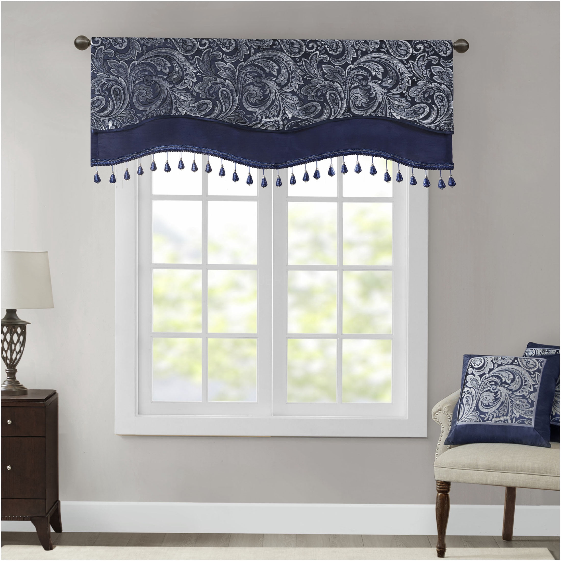 JERFIT Navy Blue Jacquard Valance with Beaded Trim, 50x18 Inch Paisley Window Curtain Valance for Rod Pocket, OEKO-TEX Certified Polyester