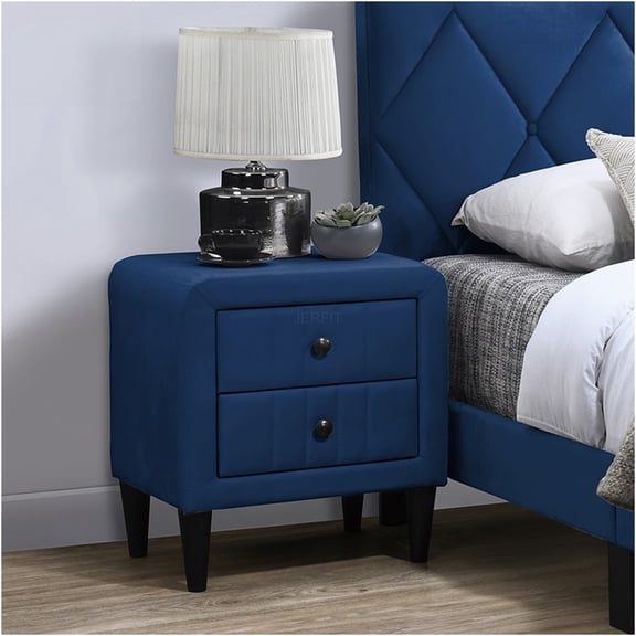 JERFIT Navy Blue Velvet Nightstand with 2 Drawers, Modern Bedside Table for Bedroom, Sleek Design with Tempered Glass Legs