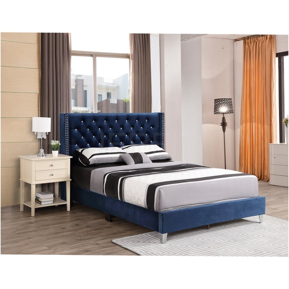 JERFIT Navy Blue Velvet Upholstered Platform Bed with Foam Padding, Full Size Bed Frame, No Box Spring Needed, Modern Tufted Button Design, Soft Fabric Headboard