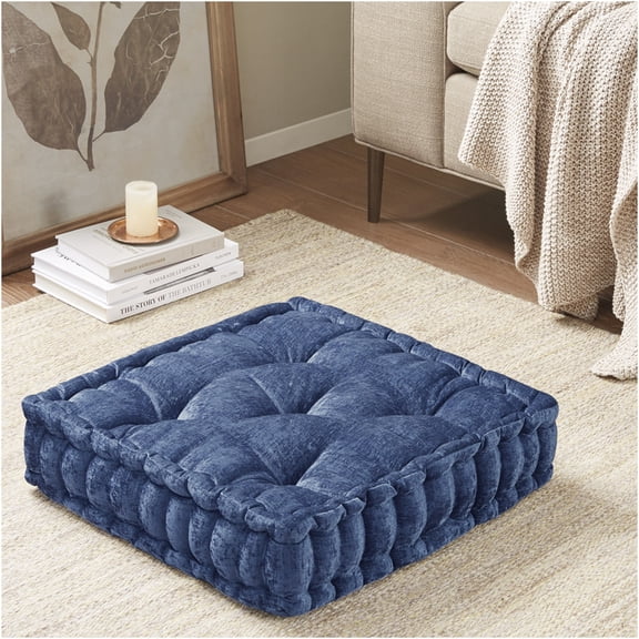 JERFIT Navy Chenille Floor Pillow for Living Room, 20x20 Inch Textured Square Floor Cushion with Tufted Detail, Decorative Accent Pillow for Seating