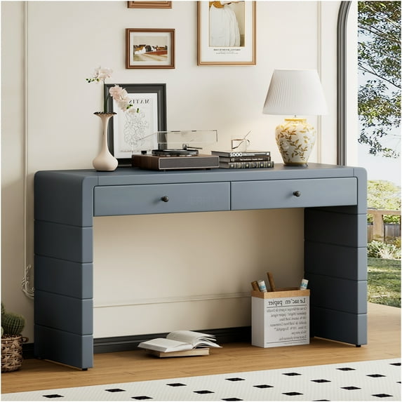 JERFIT Navy Console Table with Drawers, Curved Sofa Table for Living Room Entryway Hallway, Farmhouse Storage Console Desk with 2 Drawers, Narrow Accent Table with Metal Handles