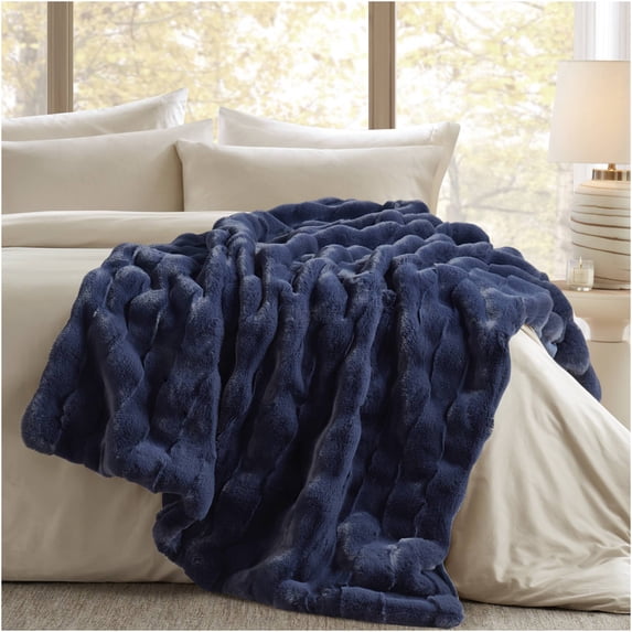 JERFIT Navy Faux Fur & Velvet Luxury Throw Blanket, Super Soft Plush Reversible Sherpa Fleece for Couch, Bed, Sofa