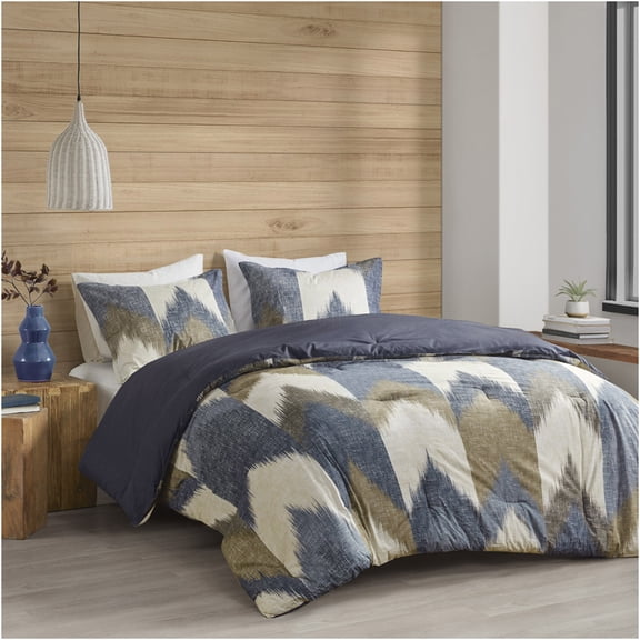 JERFIT Navy Ikat Chevron King Comforter Set, 3-Piece Bedding Set with Shams, Hypoallergenic & Anti-Microbial, OEKO-TEX Certified Polyester Filling