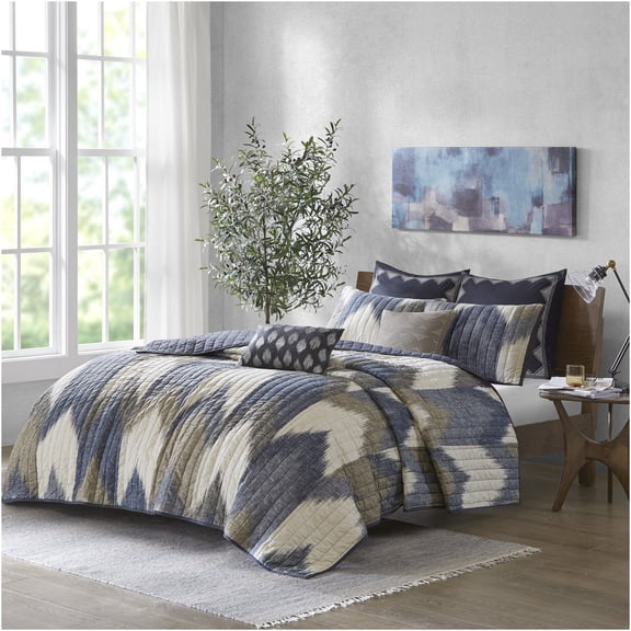 JERFIT Navy King Size 3-Piece Cotton Quilt Set with Pillow Shams, Modern Ikat Chevron Print, OEKO-TEX Certified Bedding