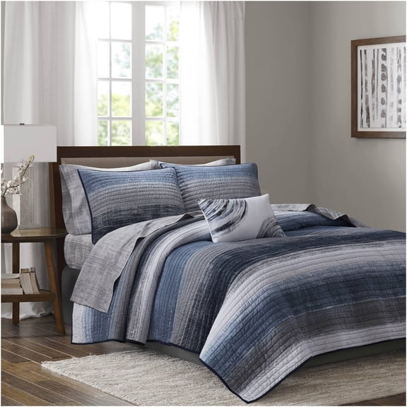 JERFIT Navy Multi Microfiber 6-Piece Twin Bedding Quilt Set with Coordinated Cotton Sheets
