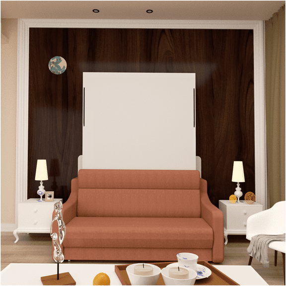 JERFIT Modern Vertical Murphy Bed with Sofa, Orange Space Saving Wall Bed, No Wall Fix Needed, Plywood for Bedroom Guest Room