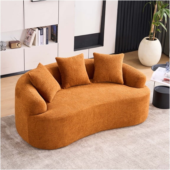 JERFIT No-Assembly Chenille Loveseat Sofa for Small Spaces, Curved 2-Seater Couch with Pillows, Compact Apartment Furniture, Orange