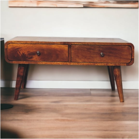 JERFIT Nordic Modern Coffee Table with 4 Drawers, Solid Wood, Chestnut Brown Finish for Living Room