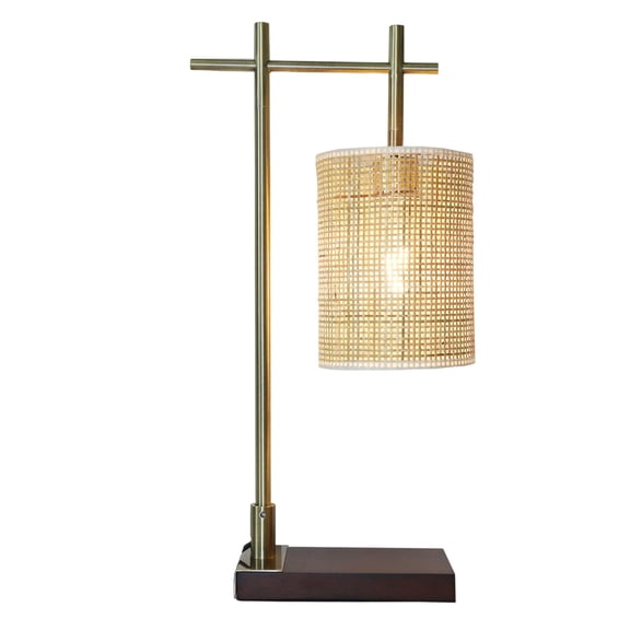 JERFIT Nordic Table Lamp with Bamboo Shade, Bronze Metal Base, Warm Glow Bedside Lamp for Bedroom, Living Room, Study Desk