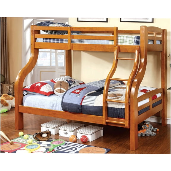 JERFIT Oak Transitional Twin over Full Bunk Bed with Angled Ladder, Curved Wood Design for Space Saving
