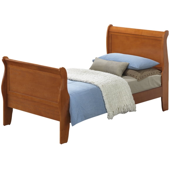 JERFIT Oak Twin Size Sleigh Bed Frame with Wood Trim, Particle Board Platform Bed, Requires Foundation or Slats, Assembly Required