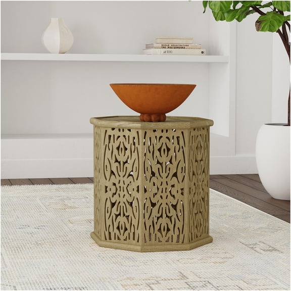JERFIT Octagonal Mango Wood Side Table, Natural Brown End Table with Carved Boho Design for Living Room, Bedroom
