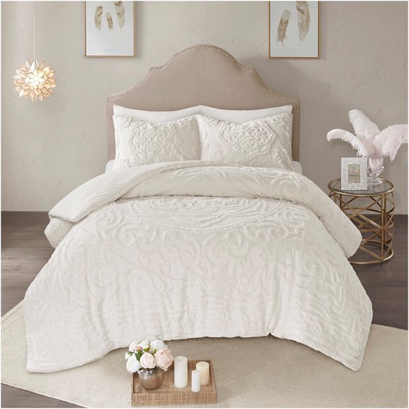 JERFIT Off-White Cotton Chenille Comforter Set with Shams, All-Season Tufted Boho Bedding for Twin/Twin XL