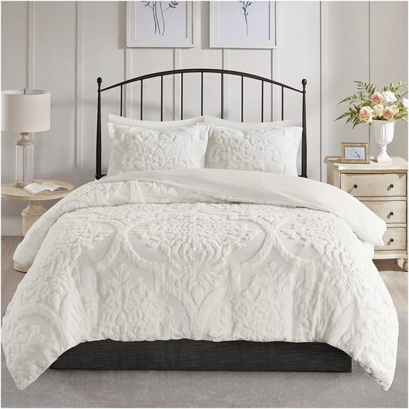 JERFIT Off White Tufted Cotton Chenille Bedding Set Full Queen 3 Piece Damask Pattern Bedroom Refresh