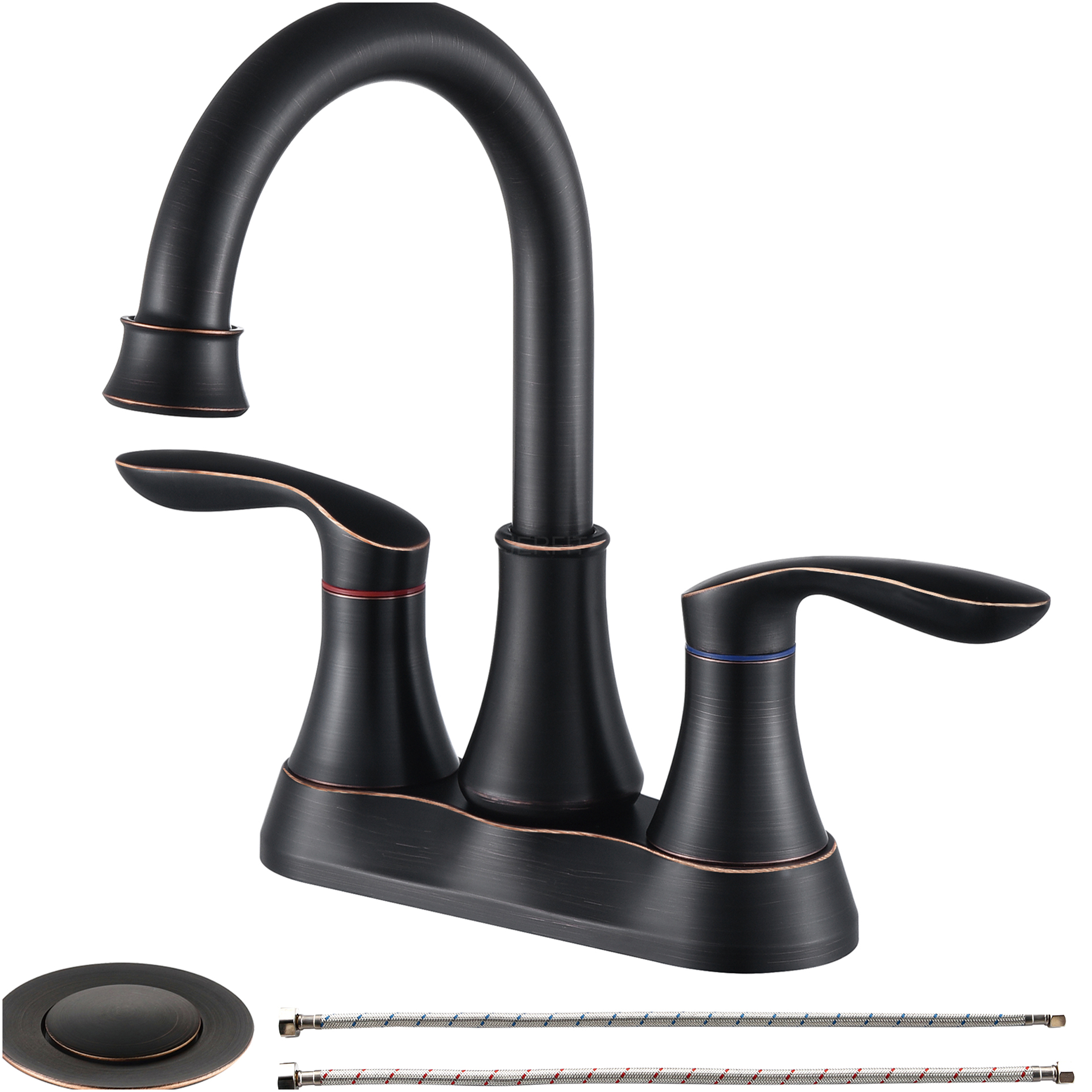 JERFIT Oil Rubbed Bronze Bathroom Faucet, 4 inch Centerset 2-Handle Vanity Sink Faucet with Pop-Up Drain, Lever Handles, and Anti-Splash Nozzle for Bathroom Sink