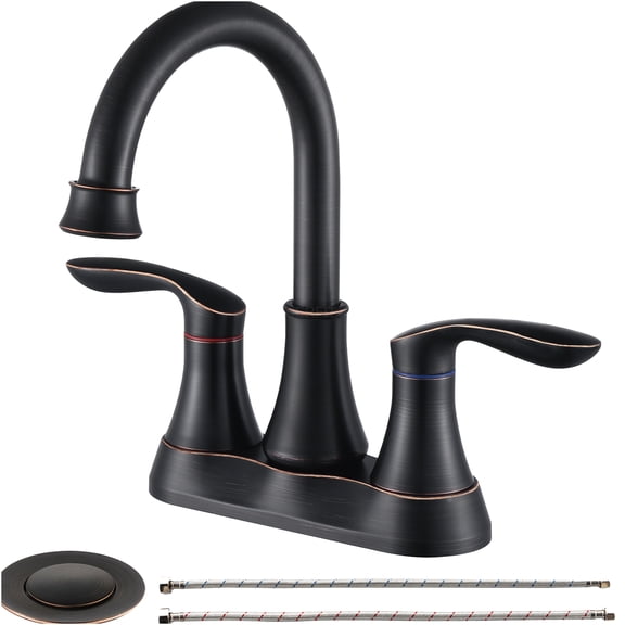 JERFIT Oil Rubbed Bronze Bathroom Faucet, 4 inch Centerset 2-Handle Vanity Sink Faucet with Pop-Up Drain, Lever Handles, and Anti-Splash Nozzle for Bathroom Sink