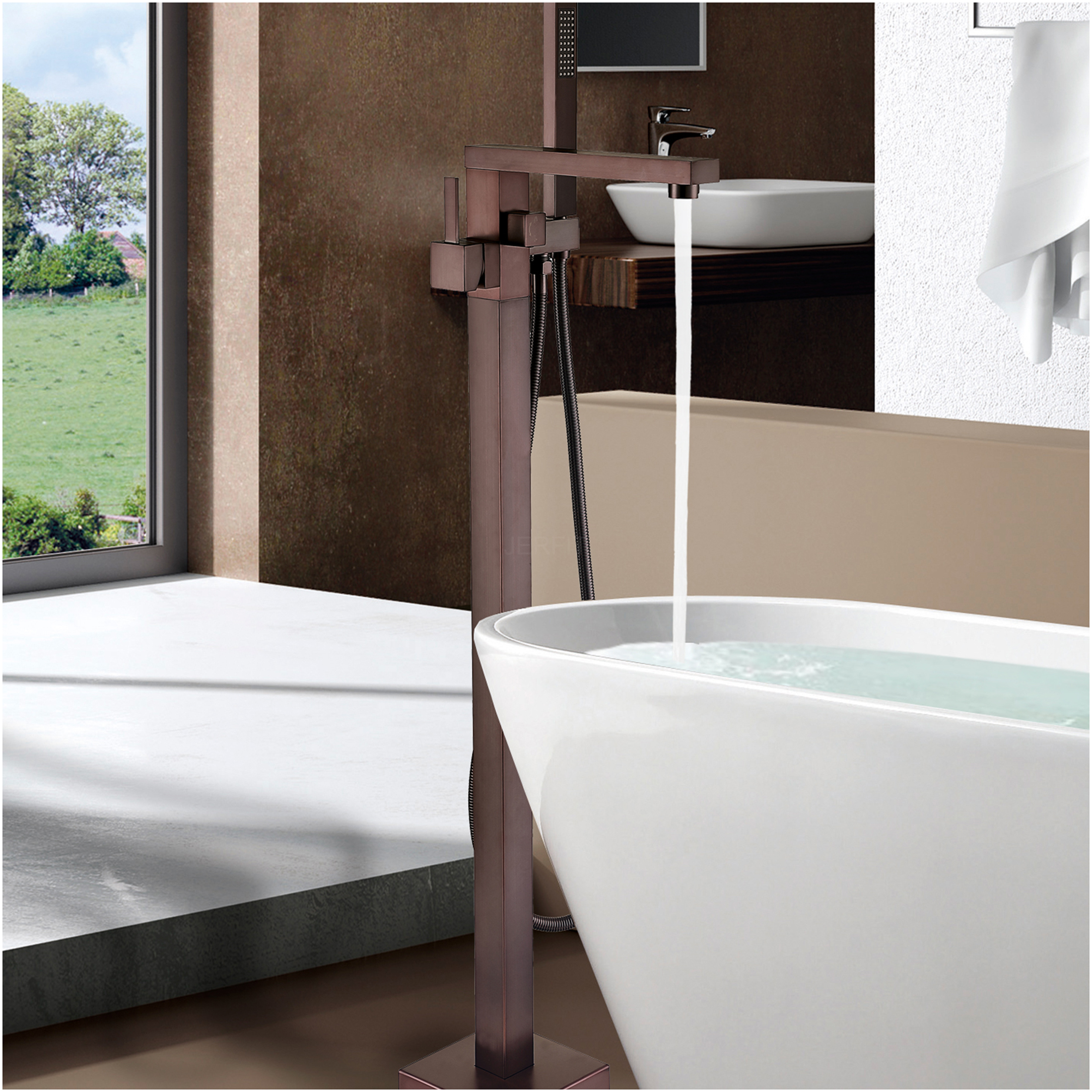JERFIT Oil Rubbed Bronze Freestanding Tub Filler with Hand Shower, 3.9 GPM Modern Bathroom Faucet for Bathtub