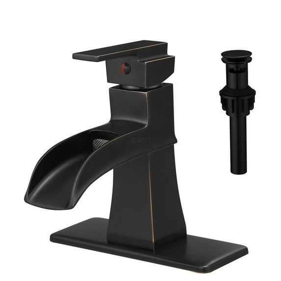 JERFIT Oil Rubbed Bronze Single Hole Bathroom Faucet with Waterfall Spout, Pop-Up Drain & Deck Plate for Vanity Sink