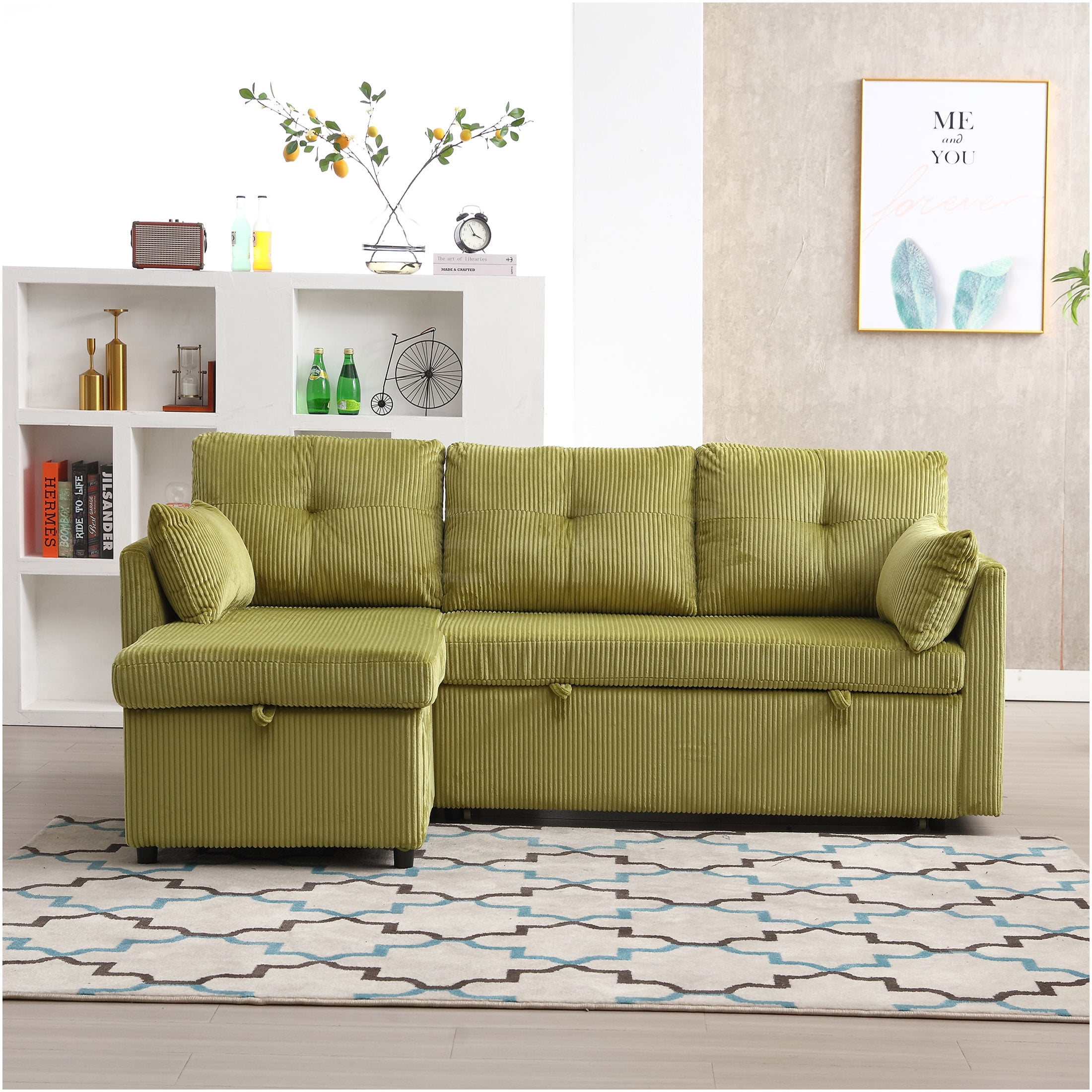 JERFIT Olive Corduroy L-Shaped Sectional Sofa with Reversible Chaise ...