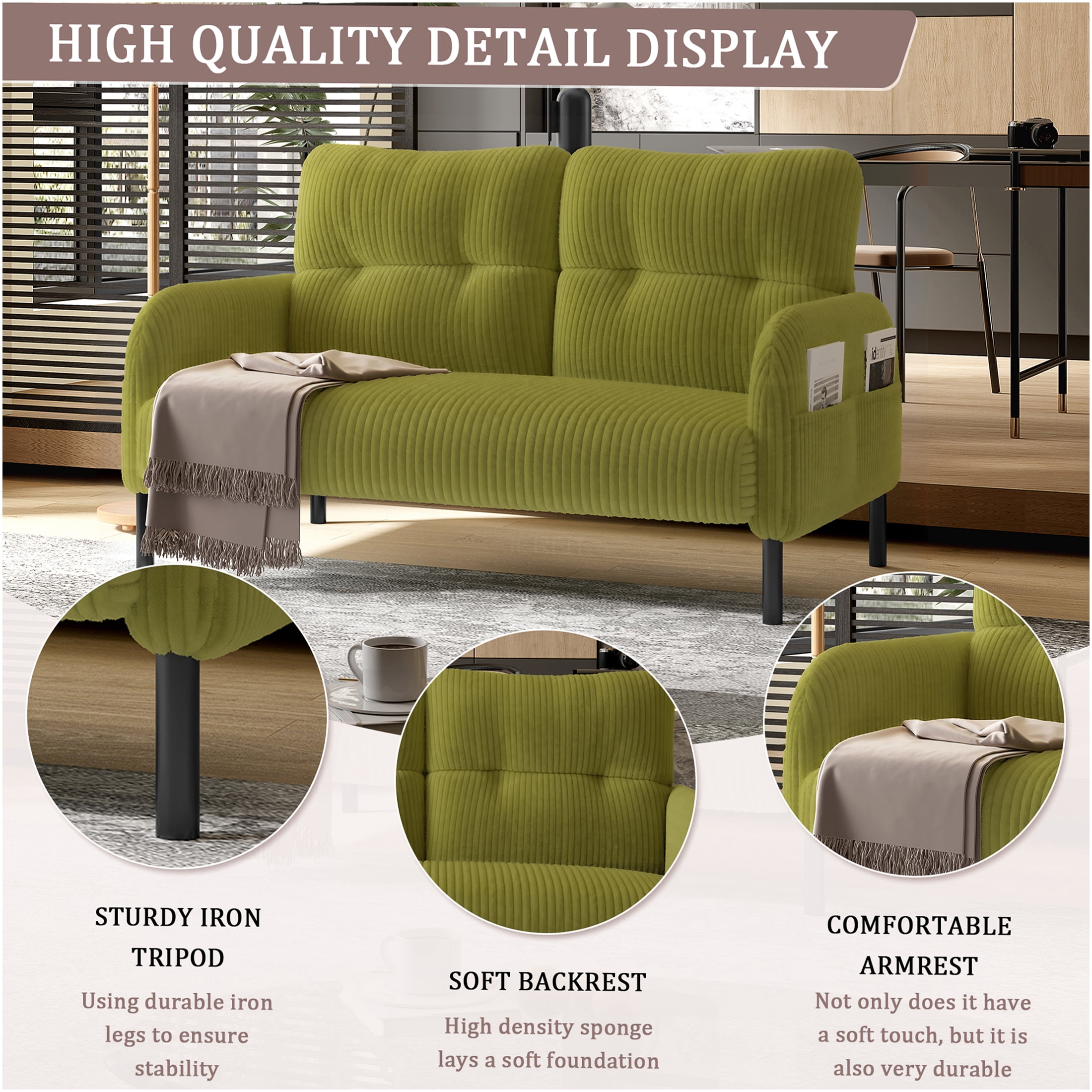 View of JERFIT Olive Green Corduroy 2-Seater Sofa for Living Room, Modern ...