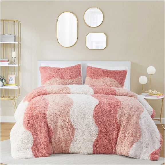 JERFIT Ombre Shaggy Faux Fur Comforter Set Full Queen, Multicolor Wave Striped Bedding Set with 2 Shams, Ultra Soft Hypoallergenic Polyester