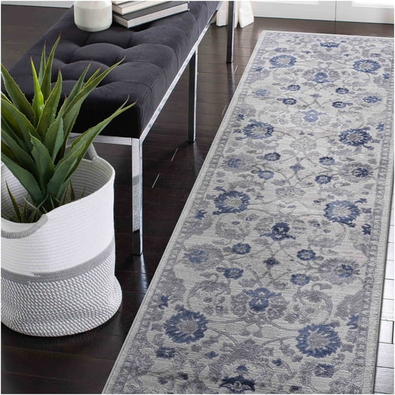 JERFIT Oriental Runner Rug 2x8 Feet, Non-Shedding Stain Resistant Polyester Area Rug, Blue and Silver Medallion Pattern Carpet for High Traffic Hallway, Entryway, Kitchen, Living Room