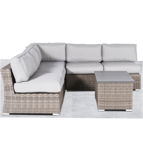 JERFIT Outdoor 5-Piece Modular Sectional Sofa Set with Coffee Table, Grey All-Weather Wicker Patio Furniture for 4, No Assembly Required