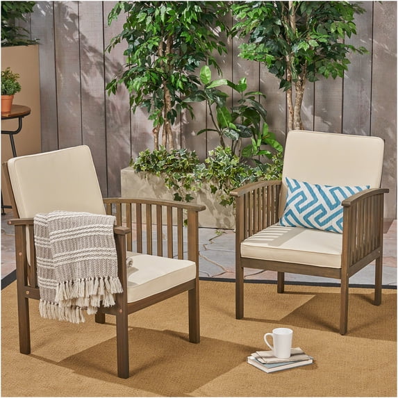 JERFIT Outdoor Acacia Wood Club Chairs Set of 2, Waterproof Patio Lounge Seating with Gray Wood Frame and Cream Cushions for Garden, Poolside