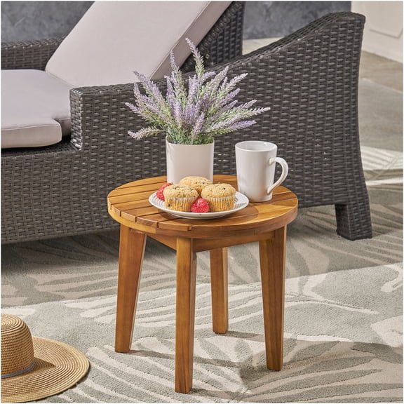 JERFIT Outdoor Acacia Wood End Table with Slat Design, Teak Finish Small Patio Side Table for Porch, Poolside, Garden
